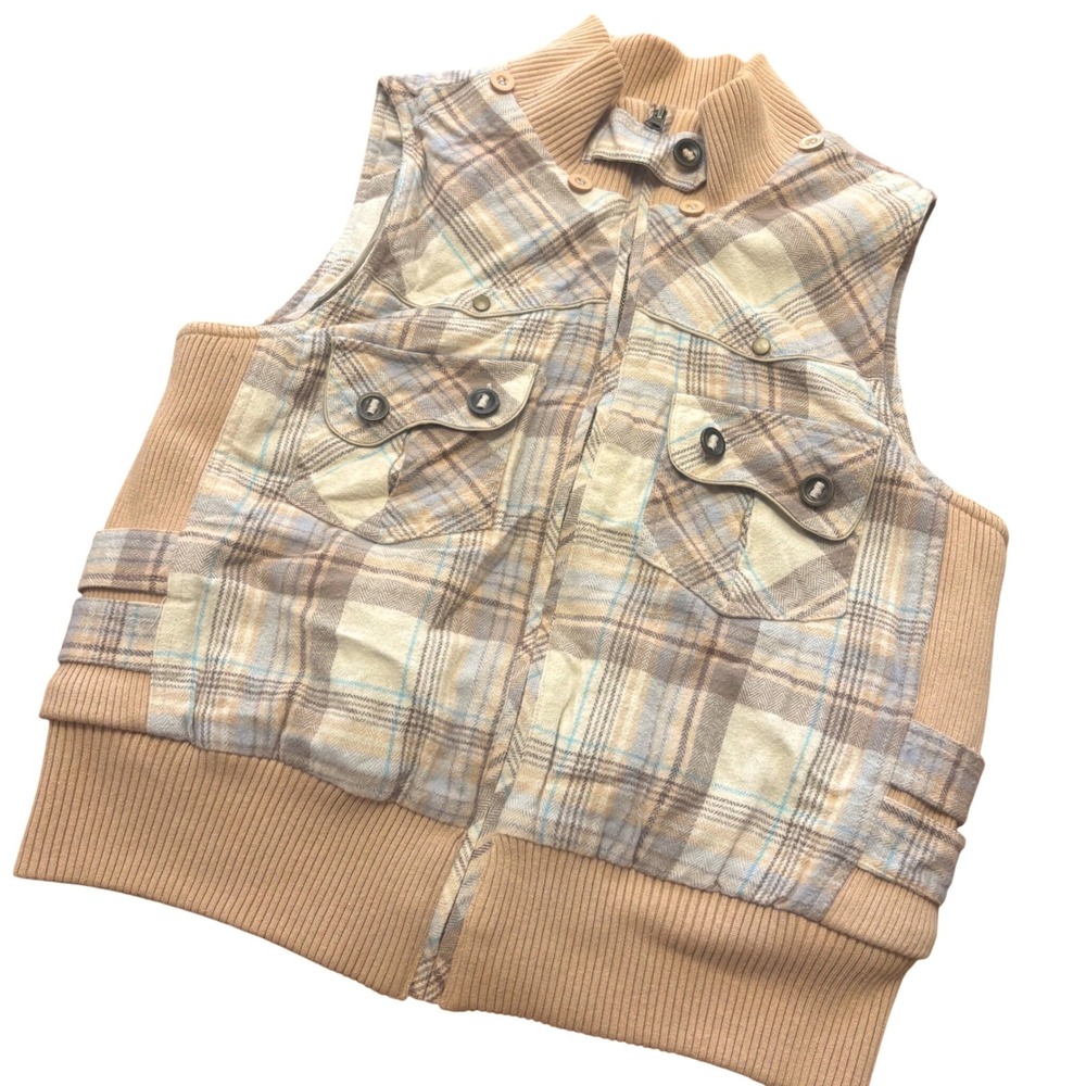Doki Geki y2k Women Tan Plaid Full Zip Ribbed Knit Trim Cropped Puffer Vest